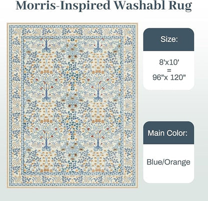 8x10 Area Rugs Living Room Rug - Floral Vintage Forest Washable Carpet, Low Pile Non-Slip Stain Resistance Boho Soft Large Carpet for Bedroom, Dining Room, Office, Farmhouse (8'x10' Blue/Orange)