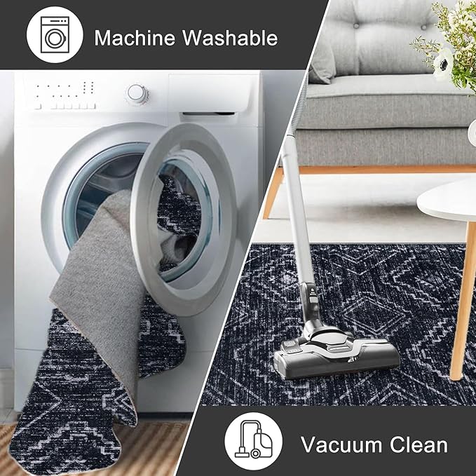 KILOCOCO Boho Entryway Rug 3x5 Area Rug Washable Non Slip Throw Rugs Soft for Kitchen Living Room Dining Bedroom Geometric Moroccan Carpet, Black/Navy