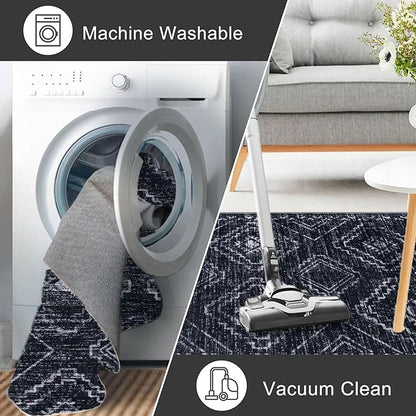 KILOCOCO Boho Entryway Rug 3x5 Area Rug Washable Non Slip Throw Rugs Soft for Kitchen Living Room Dining Bedroom Geometric Moroccan Carpet, Black/Navy