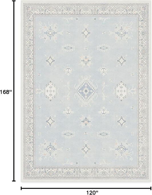 RUGGABLE Washable Vintage Area Rug – Verena Soft Blue 10x14, Stain-Resistant, Non-Slip – Large Machine Washable Rugs for Living Room, Bedroom, Hallway, Entryway & Office–with Standard Pad