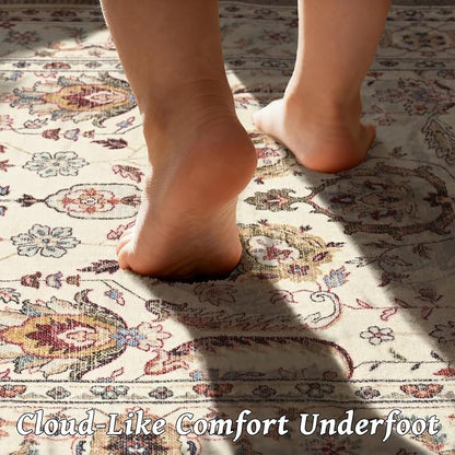 Washable 2x3 Entryway Rug, Boho Non-Slip Door Mat Vintage Distress Small Rugs for Kitchen Nursery Office Bedroom, 0.3" Neutral Oriental Throw Carpet with Cushioning Pad,Beige/Rust/Green/Multi