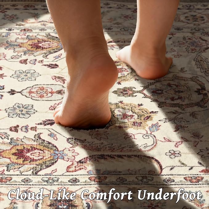 Washable 10x14 Area Rugs for Living Room, Boho Non-Slip Vintage Distress Large Rugs for Bedroom Dining Room Office, 0.3" Neutral Oriental Throw Thin Carpet, Beige/Rust/Green/Multi