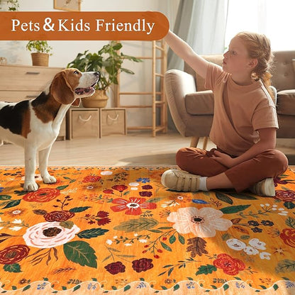 U'Artlines 5x7ft Fall Floral Area Rug, Machine Washable Ultra Soft Low Pile Non Slip Non Shedding Accent Floor Carpet for Living Room, Bedroom, Dining Room, Office (Orange)