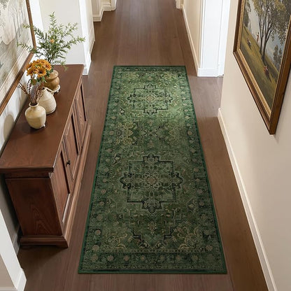 Dark Green 3x6 Runner Rug Non Slip, Washable Thin Kitchen Runner, Vintage Distressed Medallion Carpet Runners for Hallway 6ft Indoor Entryway/Bedroom/Foyer/Laundry Room/Bathroom
