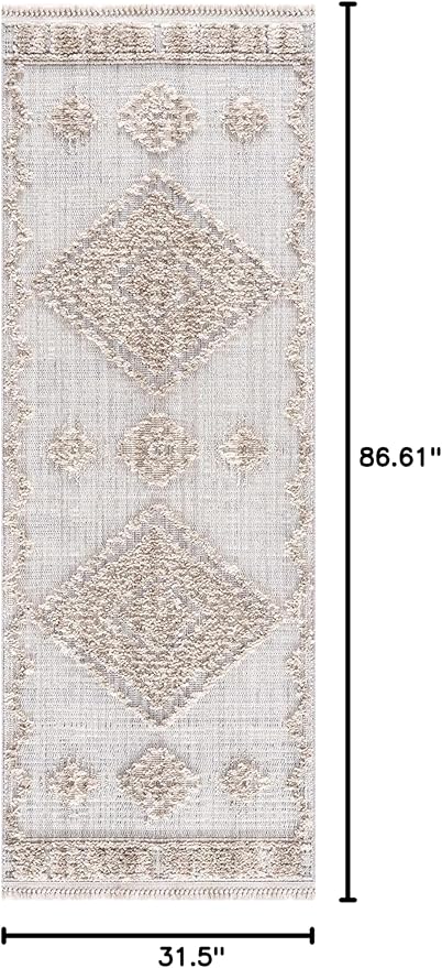 Hauteloom Ampusungan Modern Moroccan Medallion Farmhouse Hallway, Entryway Runner Rug - High Low - High Pile Long Carpet - Cream, Beige, Brown, Beige - 2'7" x 7'3"