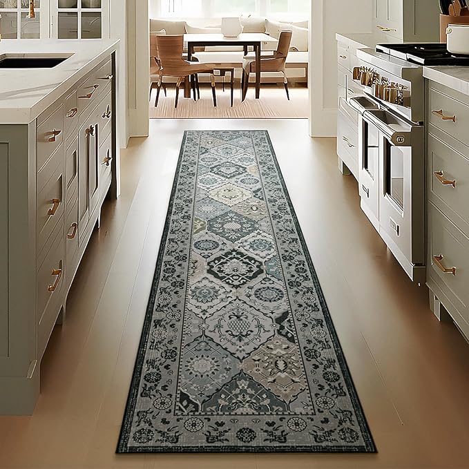 Phantoscope Washable Runner Rug 2'x10' Non-Slip, Vintage Boho Hallway Rugs for Entryway, Stair, Bedroom, Distressed Moroccan Mosaic Diamond Pattern, Low-Pile Foldable Floor Carpet, Grey Charcoal