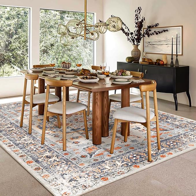 VK VK·LIVING Machine Washable Rug 5'x7' Vintage Design Washable Area Rugs with Non Slip Rugs for Living Room Bedroom Traditional Woven Carpet Stain Resistant, Dining Office Boho Rug (Bright)