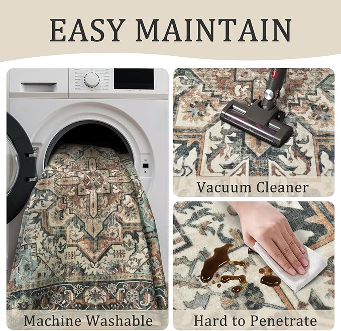 6x9 Machine Washable Area Rug for Living Room, Blue Beige Boho Vintage Floral Rug Large Non-Slip Low Pile Soft Faux Wool Carpet, Kids and Pets Friendly for Bedroom Dining Room Farmhouse Decor Rug
