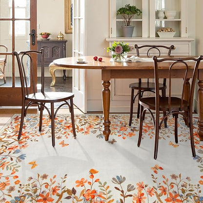 Wonnitar Fall Washable 8x10 Rug for Living Room, Soft Halloween Rug Floral Area Rug for Bedroom, Non Slip Dining Room Botanical Floor Carpet for Kids Nursery Playroom Guest Room (Orange,8'x10')
