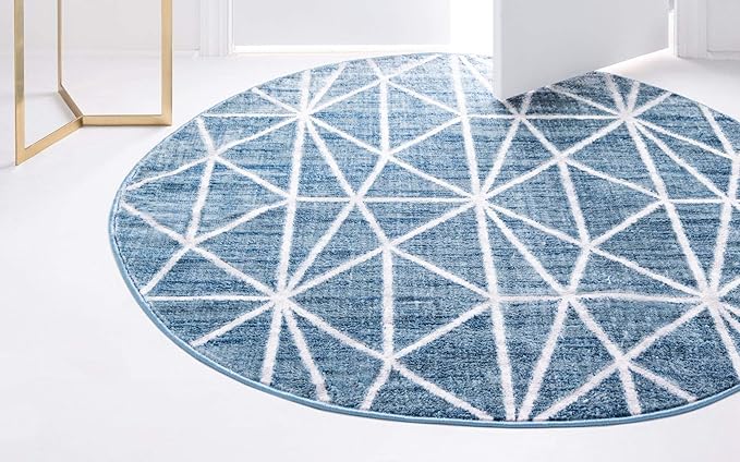 Rugs.com Lattice Trellis Collection Rug – 3 Ft Round Blue Low-Pile Rug Perfect for Kitchens, Dining Rooms