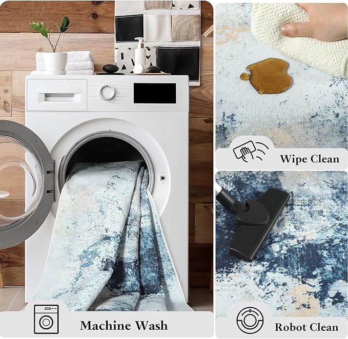 Washable Abstract Rug, 7x10 Modern Area Rugs with Non-Slip Rubber Backed for Living Room, Thin but Soft Contemporary Carpet Kitchen Bedroom Dining Room Decor, Blue White