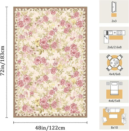 4x6 Machine Washable Area Rug for Living Room, Pink Vintage Boho Floral Rug Large Non-Slip Low Pile Soft Faux Wool Carpet, Kids and Pets Friendly for Bedroom Dining Room Farmhouse Home Decor Rug