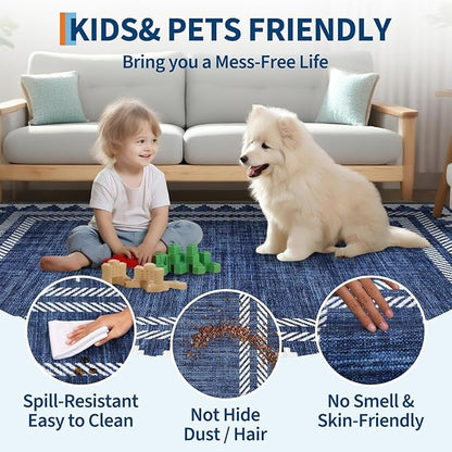 Foldable 5x7 Non Slip Area Rugs for Living Room Dining Room Modern Geometric Washable Non-Shedding Soft Indoor Carpet Bordered Printed Stain Resistant Bedroom Low Pile Rugs, Blue