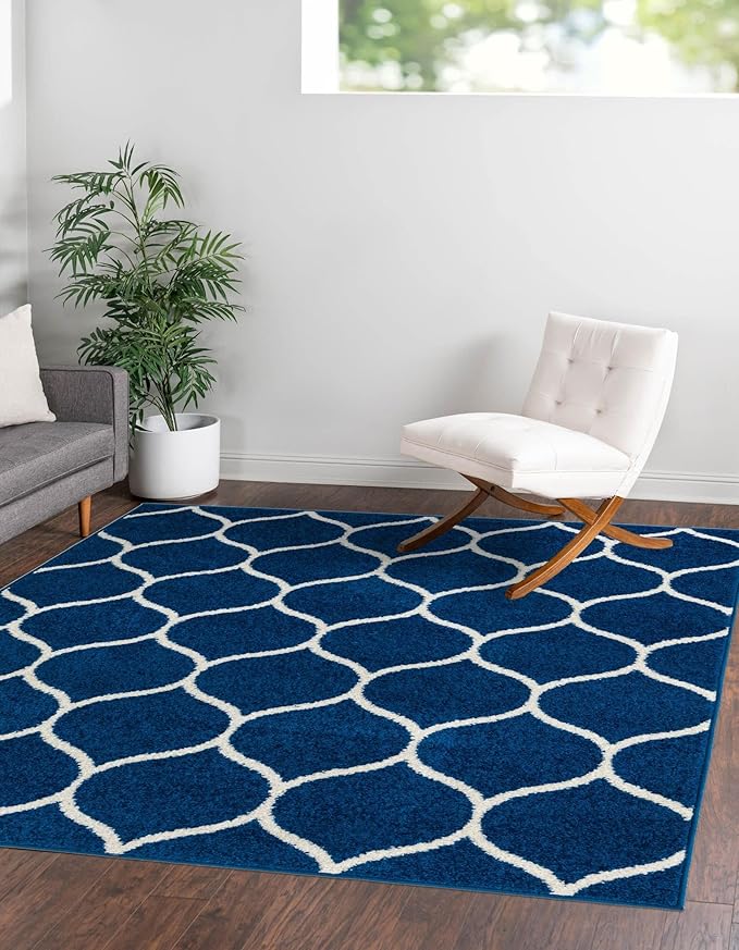 Rugs.com Lattice Frieze Collection Rug – 8' Square Navy Blue Medium Rug Perfect for Living Rooms, Kitchens, Entryways