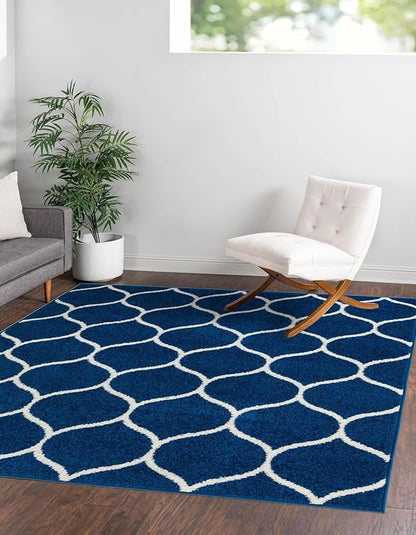 Rugs.com Lattice Frieze Collection Rug – 8' Square Navy Blue Medium Rug Perfect for Living Rooms, Kitchens, Entryways