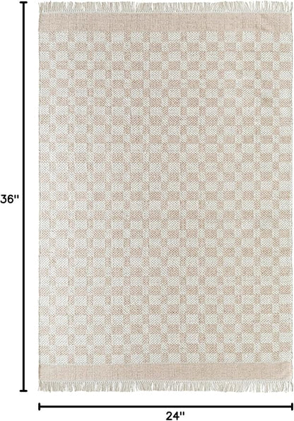 Mark&Day Wool Rugs, 2x3 Clinten Solid and Border Tan Checkered Rug, Tan Ivory Carpet for Living Room, Bedroom or Kitchen (2' x 3')
