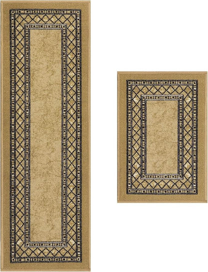 Antep Rugs Alfombras Modern Bordered 2pc Non-Skid (Non-Slip) Low Profile Pile Rubber Backing Indoor Kitchen Runner Rugs (Brown, 2pc Set)