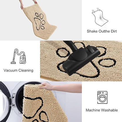 Smiry Dog Door Mat for Muddy Paws, Absorbent Dirt Trapper Non Slip Quick Dry Washable Chenille Mat for Mud Dogs, Entry Rug for Indoor and Outdoor (36x24 Inches, Beige and Black