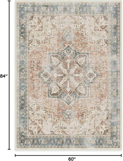 RUGGABLE Washable Vintage Area Rug – Kamran Coral 5x7, Stain-Resistant, Non-Slip – Medium Machine Washable Rugs for Living Room, Bedroom, Hallway, Entryway & Office–with Standard Pad