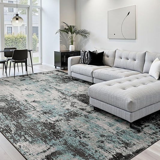Washable Area Rugs 9'x12' Non-Slip Modern Abstract Soft for Living Room Entryway Bedroom Nursery, Print Pattern, Blue Black Teal