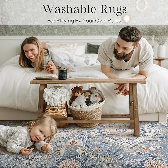 Phantoscope Washable Area Rug 4'x6' Non-Slip, Vintage Neutral Rugs for Living Room, Bedroom, Dining Room, Distressed Boho Geometric Medallion Pattern, Low-Pile Foldable Floor Carpet, Dusty Blue/Multi