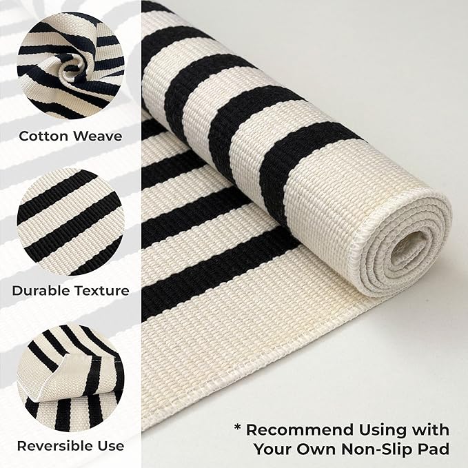 KOZYFLY Black and Beige Striped Porch Rug 27.5x43 Inches Area Rug Washable Outdoor Doormat Front Door Mat Cotton Striped Indoor Outdoor Rug for Front Door Kitchen Entryway Patio Porch