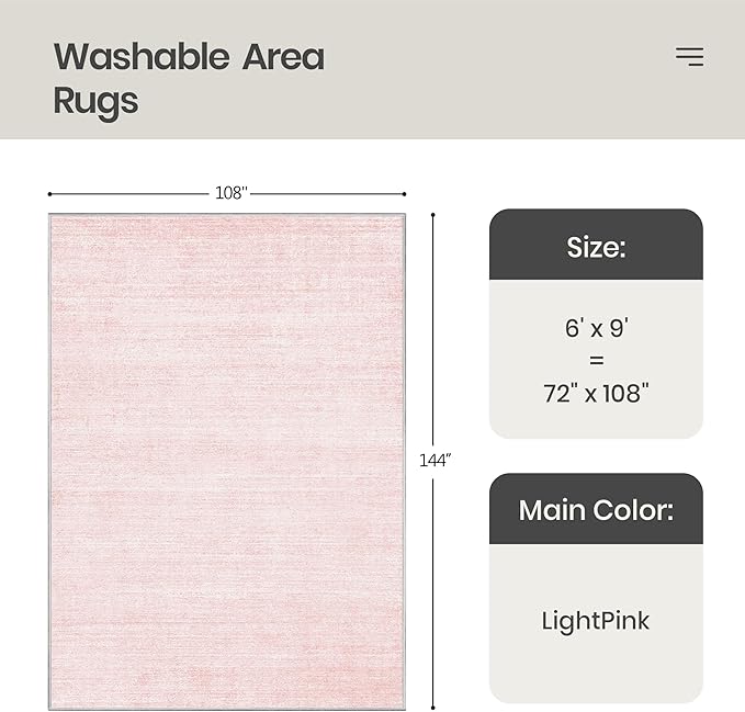 Valenrug Washable Rugs 6x9 - Non Slip 6x9 Area Rugs for Living Room, Stain Resistant Area Rugs for Bedroom, Foldable Machine Washable Area Rug(6'x9', Light Pink)