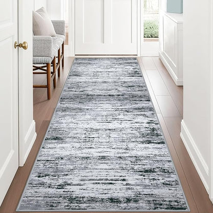 Modern Abstract Runner Rug 3x8, Black Grey White Washable Kitchen Runner Non-Slip Soft Hallway Rug Runner Thin Print Faux Wool Carpet for Entryway Bedroom Laundry Room Indoor Home Office Decor