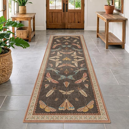 2'6"x8' 8ft Long Hallway Runner Rug, Stain Resistant Non-Slip Kitchen Floor Mats, Boho Front Door Rug Indoor Entrance, Whimsical Insect Moth Décor, Low Pile & Soft (Orange and Brown)