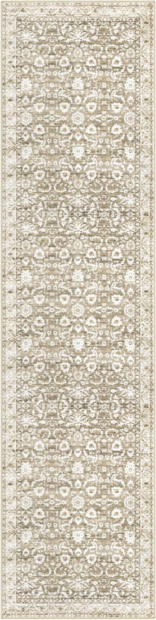 Hallway Runner Rug, Beige Tan White Washable Runner Rug 2x8 Vintage Floral Neutral Kitchen Rug Runner Non Slip Thin Printed Faux Wool Super Soft Carpet for Entryway Bedroom Laundry Room Indoor