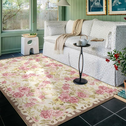 4x6 Machine Washable Area Rug for Living Room, Pink Vintage Boho Floral Rug Large Non-Slip Low Pile Soft Faux Wool Carpet, Kids and Pets Friendly for Bedroom Dining Room Farmhouse Home Decor Rug