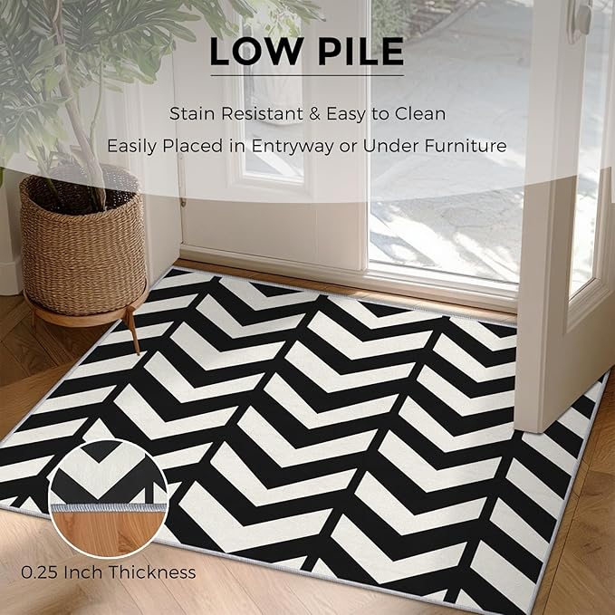 2x3 Black and White Chevron Throw Rugs for Entryway, Washable Geometric Pattern Indoor Door Mat, Bedroom Kitchen Entrance, Non Slip Soft Thin, Modern Zigzag Decor Small Area Rug PF-P 49