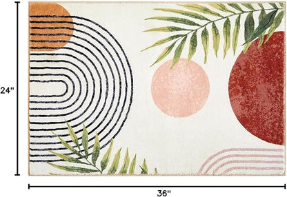RoomTalks Boho Cute Bathroom Rugs Bath Mat Non Slip Washable, Modern Abstract Geometric Shape with Tropical Leaves 2x3 Small Area Rug for Bedroom Kitchen, Neutral Contemporary Retro Indoor Entry Rug