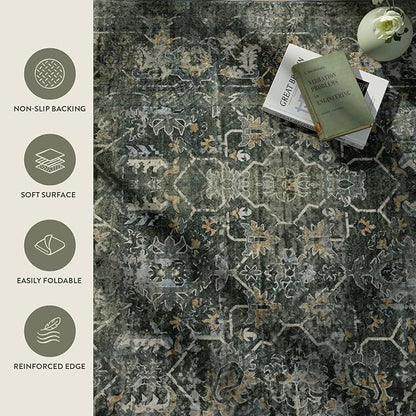 Lahome Boho Green 8x10 Area Rugs Living Room Rugs,Washable Bedroom Rug 8x10 Under Bed,Distressed Soft Non Slip Low Pile Indoor Dining Room Rug for Home Office Playroom(8'x10',Green)