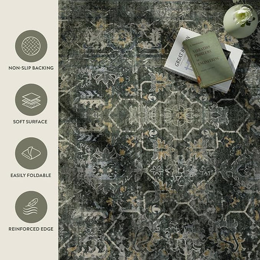Lahome Boho Green 8x10 Area Rugs Living Room Rugs,Washable Bedroom Rug 8x10 Under Bed,Distressed Soft Non Slip Low Pile Indoor Dining Room Rug for Home Office Playroom(8'x10',Green)