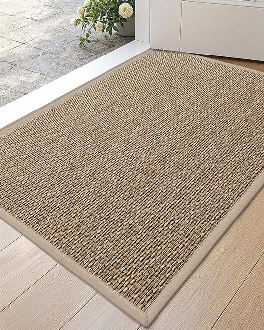 DEXI Ultra Thin Entryway Indoor Door Mat 24x36, Non Slip Rubber Backing Inside Entry Mat, Low Profile Easy Clean Dirt Trapper Doormat for Inside Entrance Patio, Beige