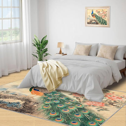 Peacock Peony Flower Area Rug 2x3-2x3 Rug, Classic Peacock Peony Rugs for Living Room, Oriental Carpet, Floral Animal Washable Area Rugs for Bedroom, Aesthetics Carpet - Peafowl Home Decor & Gifts