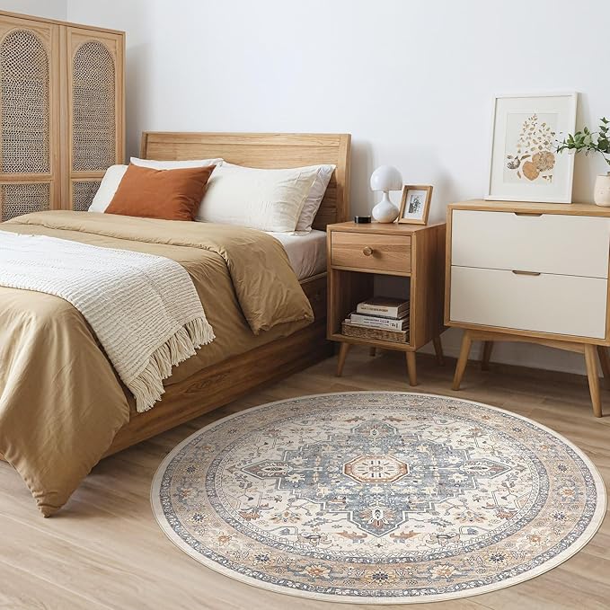 Round Rug Living Room Rugs: 4x4 Washable Boho Neutral Large Circle Soft Indoor Distressed Stain Resistant Floor Farmhouse Carpet for Bedroom Nursery Kids Playroom Office Dining Room Dorm- Beige Blue
