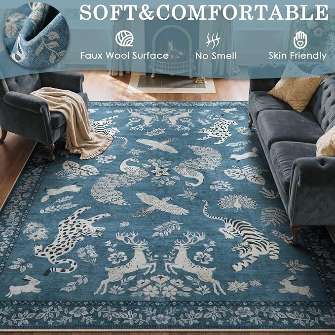 Moynesa Animal Area Rugs 5x7, Washable Luxurious Vintage Boho Blue Area Rug for Bedroom Living Room Dining Room Office Playroom, Farmhouse Low Pile Soft Non-Slip Carpets for Indoor