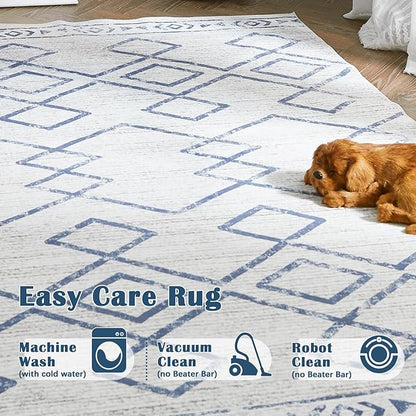 jinchan Hallway Runner Rug 3x7 - Moroccan Kitchen Machine Washable Runner Rug Modern Geometric Soft Faux Wool Ultra-Thin Low-Pile Non-Slip Carpet for Laundry Room Bedroom Farmhouse (3x7ft, Blue)
