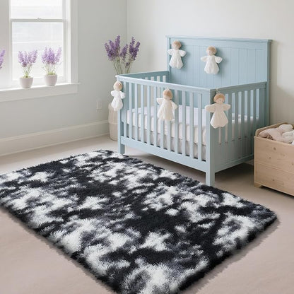 Fluffy Rug Shaggy Area Rug, Mottling Black 2x4 Area Rugs for Bedroom, Small Bedside Rug, Soft Fluffy Shaggy Entryway Throw Rugs for Living Room Bedroom Kids Room Home Decor