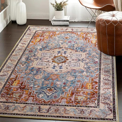 Washable Area Rugs 5x7, Low Pile Soft Vitnage Distressed Rug for Bedroom, Living Room, Dining Room, Non-Slip, Low Pile, Rust Brown