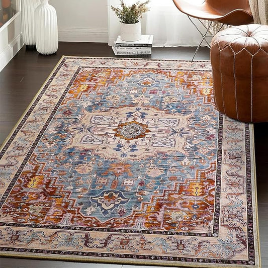 Washable Area Rugs 5x7, Low Pile Soft Vitnage Distressed Rug for Bedroom, Living Room, Dining Room, Non-Slip, Low Pile, Rust Brown