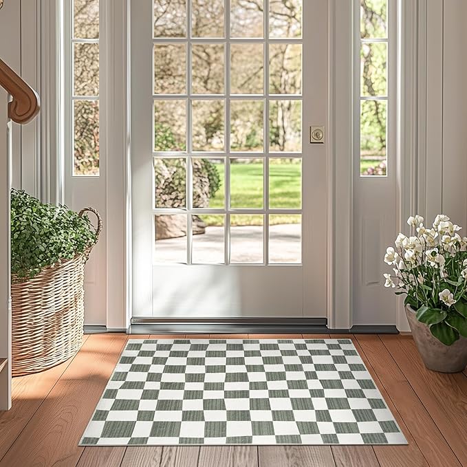 jinchan 2x3 Kids Area Rug Washable Indoor Entryway Doormat Modern Checkered Geometric Lattice Small Rug Non Slip Soft Carpet for Nursery Room Bedroom Bathroom Home Grey