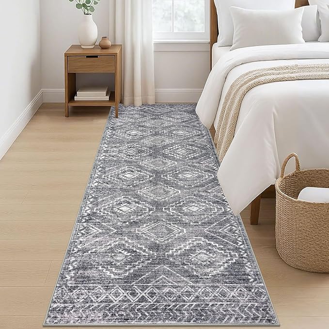 KILOCOCO Hallway Runner Rug 3'x8' Runners for Hallways Washable Runner Rug Non Slip Rubber Backed Low-Pile Runners for Bedroom Kitchen Living Room Laundry Room Boho Rugs, Grey