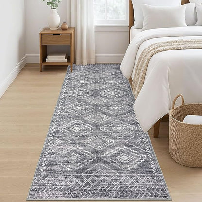 KILOCOCO Hallway Runner Rug 3'x8' Runners for Hallways Washable Runner Rug Non Slip Rubber Backed Low-Pile Runners for Bedroom Kitchen Living Room Laundry Room Boho Rugs, Grey