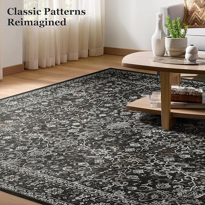 Charcoal Black Entryway Rug Indoor, 2x3 Small Door Rugs for Entry Way/Kitchen/Bathroom, Washable Non Slip Low Pile Thin Door Mat Indoor Entrance, Vintage Retro Dark Rug with Decorative Fringe