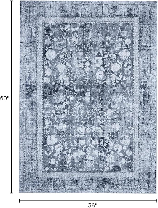 Area Rug 3×5, Vintage Boho Rug,Ultra-Soft Low Pile, Washable, Non Slip,Stain Resistant Printed Carpet for Living Room Bedrooms Playroom Office Kitchen, Solid/Blue