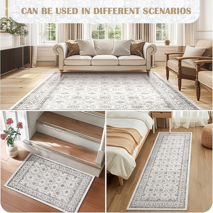 jinchan Hallway Runner Rug 3x10 - Machine Washable Beige Vintage Floral Distressed Design Soft Non-Slip Low-Pile Ultra-Thin Runner Rug for Kitchen Laundry Room Bedroom Farmhouse (3‘x10', Beige)