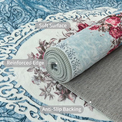 Easy-Going Floral Area Rug 3x5 Entryway Rug Washable Inside Door Mats for Home Entrance Non-Slip Retro Flowers Small Rugs for Entry Living Room Bedroom Kitchen Bathroom Lightweight Carpet, Teal Red